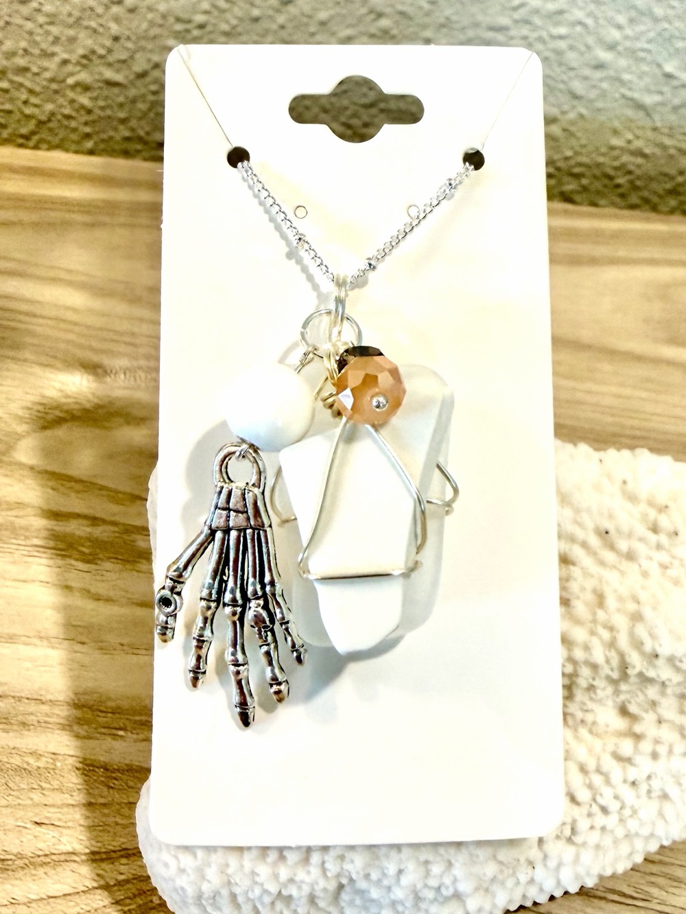 38. 💀Halloween vibes!🎃 Silver Skeleton Hand & White sea glass Pendant Necklace
